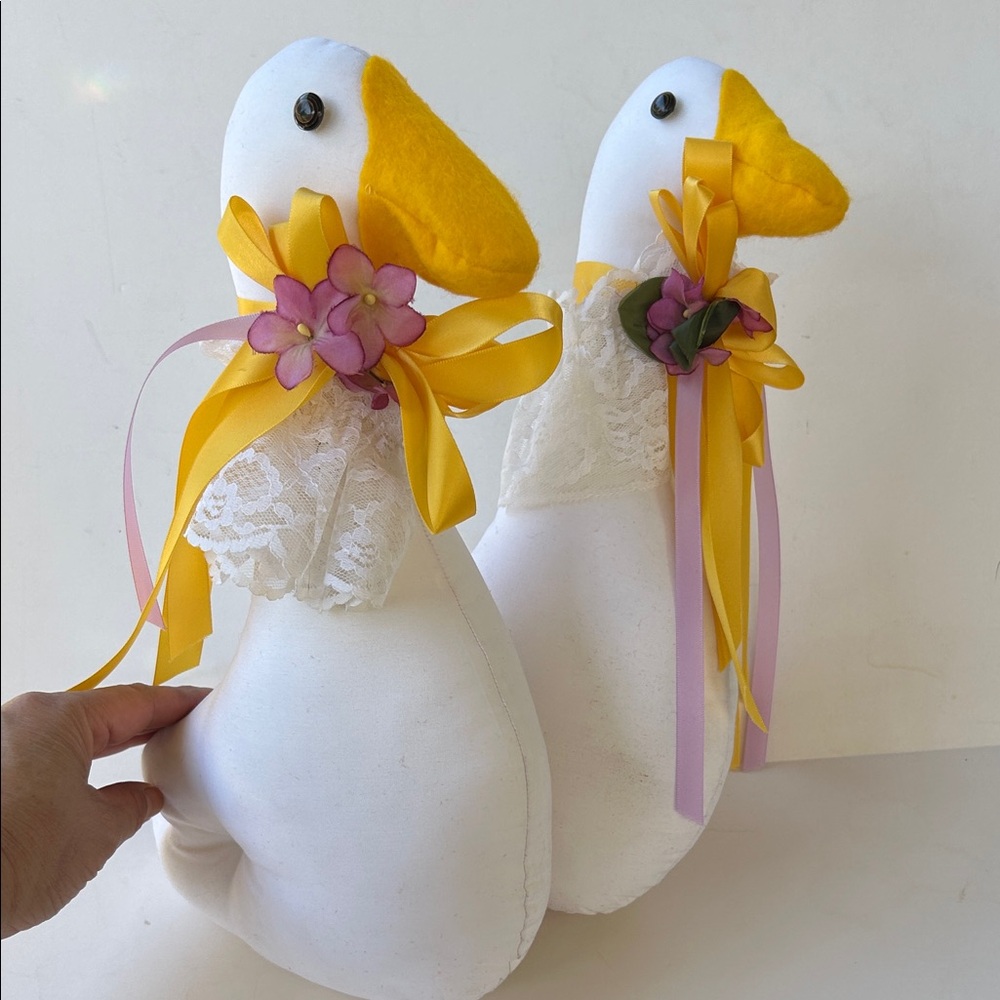 Charming White Fabric Stuffed Geese Duck Decor with Yellow Ribbon Flower Accents